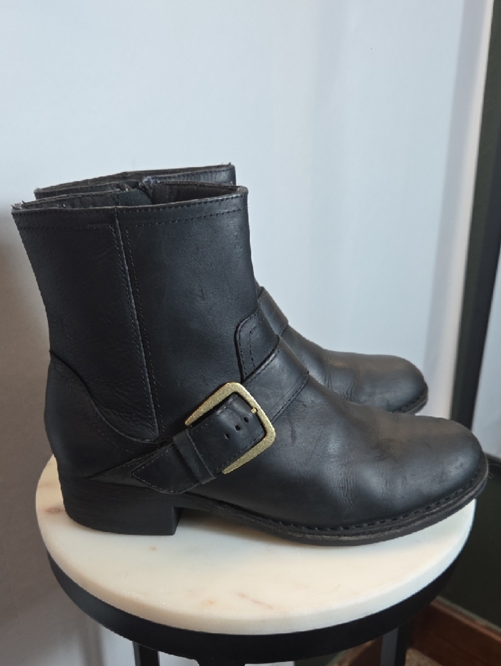 Clarks Black Leather Ankle Boots with Brass Buckle Size 10 - Picture 3 of 7